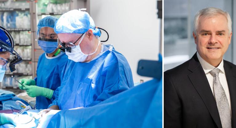 Collage of Dr. Ian Witterick. One photo with his gowned up during surgery and another of him in a suit 