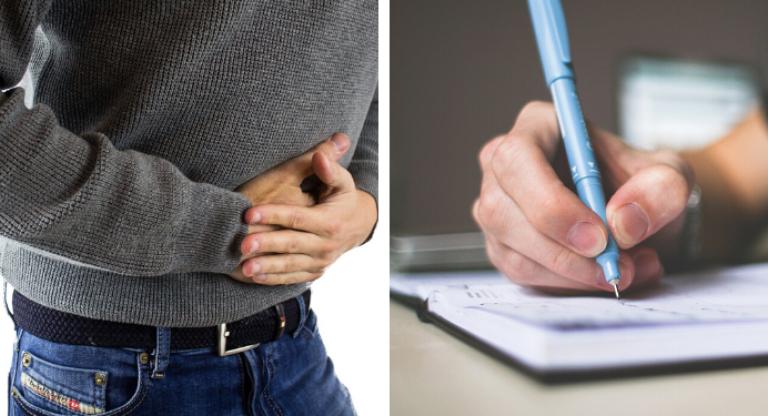 A collage of photos, the first being a man holding his stomach looking like he is in pain and the second of a hand writing notes