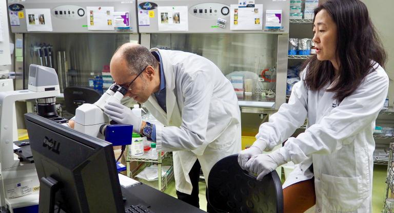 A male scientist looking down the microscope with a female scientist observing the image on computer screen.