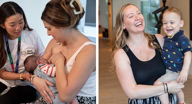 Patient receiving breastfeeding support from lactation consultant, and a mother holding her toddler. 