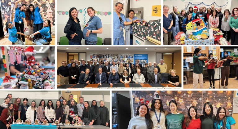 Collage showcasing Sinai Health staff organizing various charitable initiatives and celebrating holiday season.