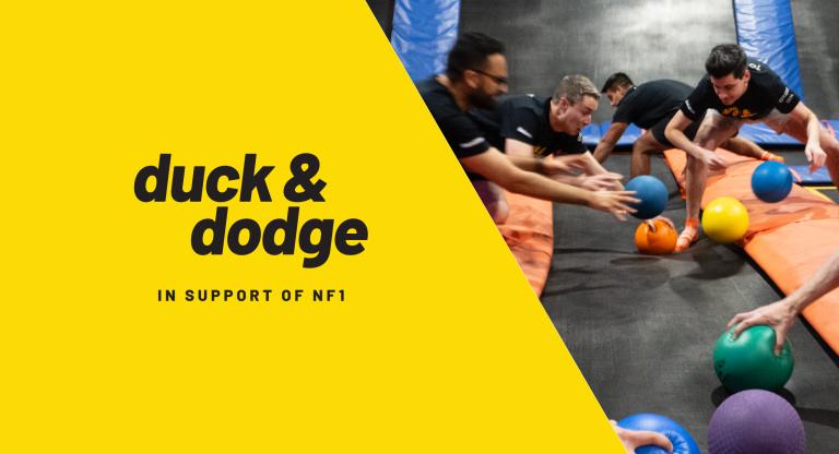 Yellow background with Duck and Dodge logo and photo of men playing dodgeball