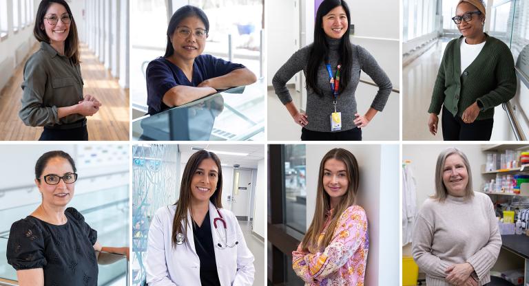 Headshots of eight women, standing in hallways in various locations.