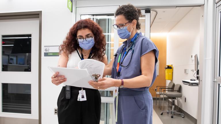 Two medical professionals in discussion for research purposes.