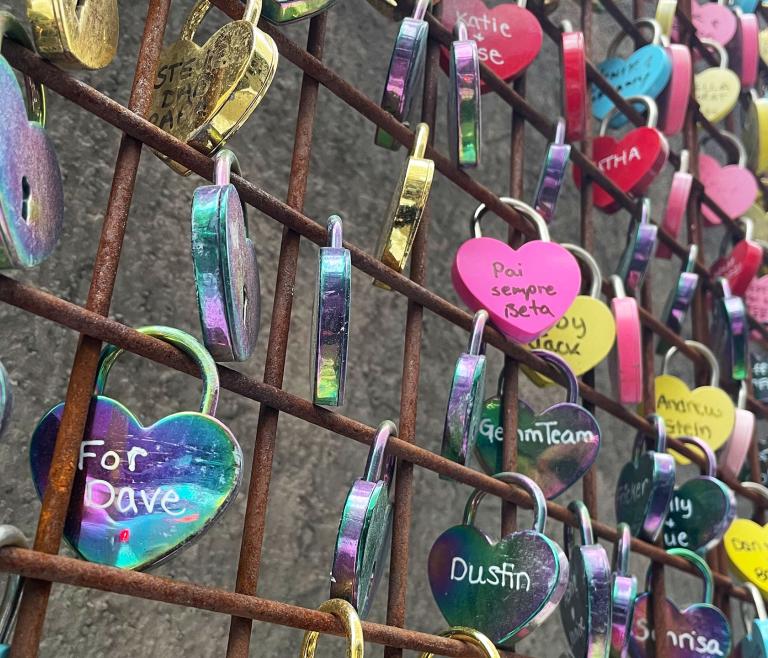 Colourful locks with names written in marker on the back